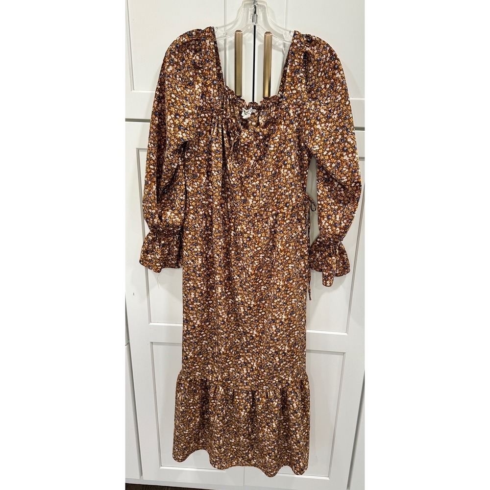 Floral Maxi Dress Long Sleeve Square Neck Tie‎ Waist Fall Cottagecore Boho